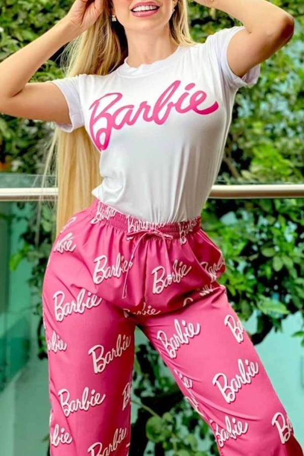 Pink Casual Print Letter O Neck Short Sleeve Two Pieces