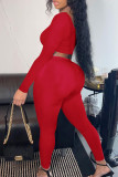 Red Casual Street Solid Patchwork V Neck Long Sleeve Two Pieces