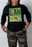 Black Daily Vintage Print Patchwork O Neck Tops
