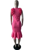 Rose Red Casual Solid Patchwork O Neck Sleeveless Dress Dresses
