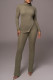 Army Green Casual Solid Slit Turtleneck Long Sleeve Two Pieces
