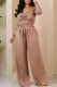 Light Brown Casual Print Letter U Neck Long Sleeve Two Pieces