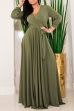 Army Green Fashion Casual Solid Bandage V Neck Long Sleeve Dresses