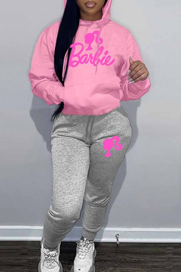 Pink Casual Print Letter Hooded Collar Long Sleeve Two Pieces