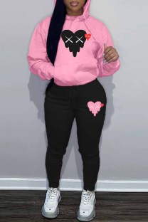 Pink Street Print Patchwork Hooded Collar Plus Size Two Pieces