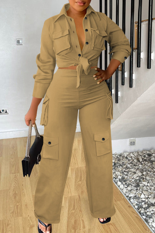 Khaki Street Solid Bandage Patchwork Pocket Buckle Shirt Collar Long Sleeve Two Pieces