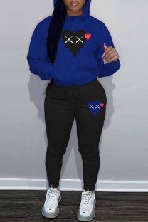 Blue Street Print Patchwork Hooded Collar Plus Size Two Pieces