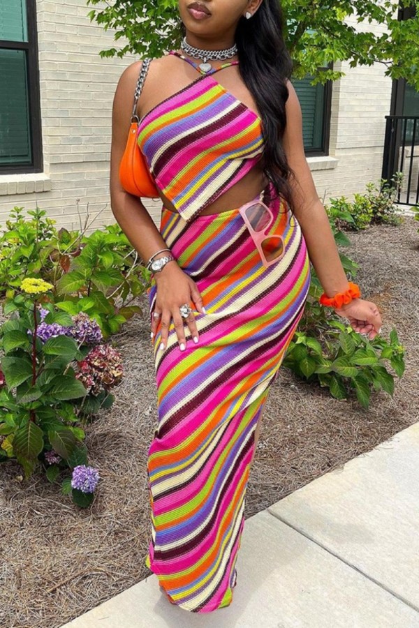 Multicolor Sexy Print Bandage Backless Halter Sleeveless Two Pieces