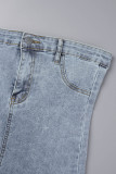 Blue Sexy Solid Patchwork Buttons Backless Strapless Sleeveless High Waist Skinny Denim Dresses(Without Outerwear )
