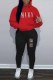 Red Street Print Letter Hooded Collar Long Sleeve Two Pieces