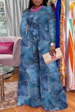 Deep Blue Casual Print Patchwork O Neck Regular Jumpsuits