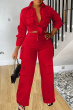 Red Street Solid Bandage Patchwork Pocket Buckle Shirt Collar Long Sleeve Two Pieces