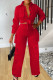Red Street Solid Bandage Patchwork Pocket Buckle Shirt Collar Long Sleeve Two Pieces