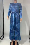 Deep Blue Casual Print Patchwork O Neck Regular Jumpsuits