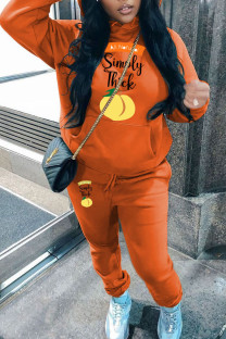 Orange Casual Print Patchwork Hooded Collar Long Sleeve Two Pieces