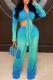 Blue Casual Gradual Change Print Frenulum V Neck Long Sleeve Two Pieces