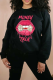Black Casual Street Lips Printed Patchwork O Neck Tops