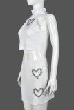 White Casual Solid Hollowed Out Patchwork Rhinestone Turtleneck Sleeveless Two Pieces