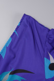 Blue College Print Patchwork V Neck Printed Dress Dresses(With a belt)