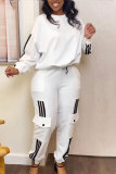 White Casual Sportswear Daily Patchwork Plain Patchwork Draw String Pocket Pants O Neck Long Sleeve Two Pieces