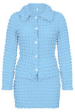 Sky Blue Sexy Solid Patchwork Buckle Turndown Collar Long Sleeve Two Pieces