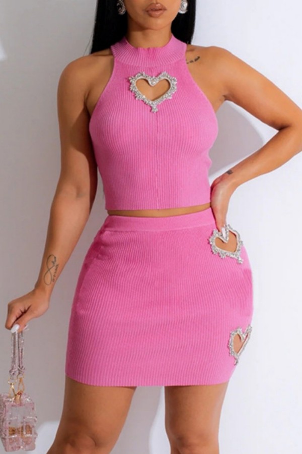 Pink Casual Solid Hollowed Out Patchwork Rhinestone Turtleneck Sleeveless Two Pieces