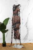 Brown Casual Print Tie Dye Hollowed Out Slit O Neck Sleeveless Dress Dresses
