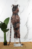 Brown Casual Print Tie Dye Hollowed Out Slit O Neck Sleeveless Dress Dresses