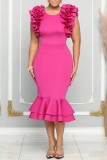 Rose Red Casual Solid Patchwork O Neck Sleeveless Dress Dresses