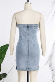 Blue Sexy Solid Patchwork Buttons Backless Strapless Sleeveless High Waist Skinny Denim Dresses(Without Outerwear )