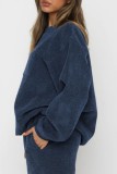 Dark Blue Casual Solid Patchwork O Neck Long Sleeve Two Pieces