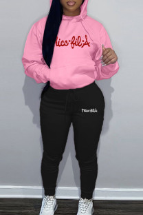 Pink Street Letter Patchwork Draw String Pocket Hooded Collar Long Sleeve Two Pieces