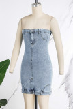 Blue Sexy Solid Patchwork Buttons Backless Strapless Sleeveless High Waist Skinny Denim Dresses(Without Outerwear )