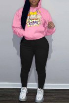 Pink Street Character Print Letter Hooded Collar Long Sleeve Two Pieces