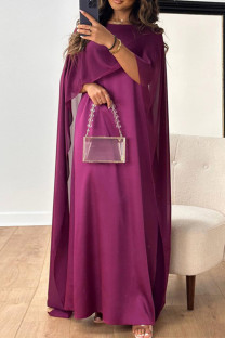 Purple Elegant Solid Patchwork Zipper O Neck Long Dress Dresses