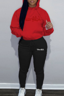 Red Street Letter Patchwork Draw String Pocket Hooded Collar Long Sleeve Two Pieces