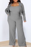 Grey Casual Solid Patchwork Hooded Collar Plus Size Three Piece Set
