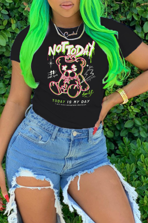 Black Vintage Cute Print Patchwork O Neck T-Shirts