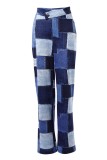 Blue Casual Print Patchwork Regular High Waist Conventional Full Print Trousers