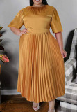 Gold Elegant Solid Patchwork Fold O Neck Pleated Plus Size Dresses