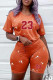 Tangerine Red Casual Print Basic O Neck Short Sleeve Two Pieces