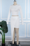 White Casual Solid Patchwork O Neck Long Sleeve Two Pieces
