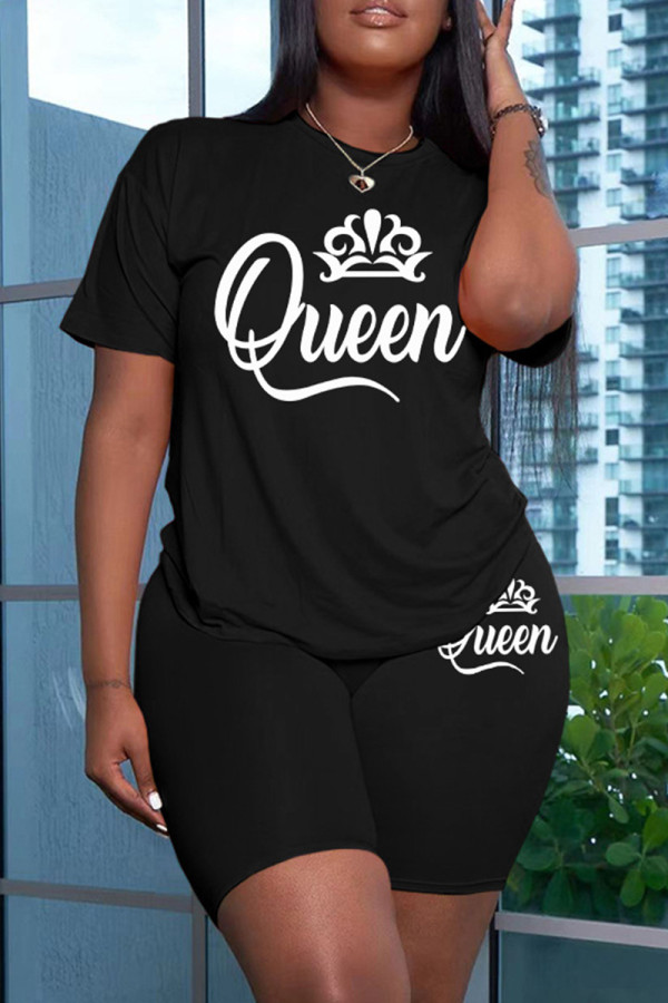 Black Casual Letter Print Basic O Neck Short Sleeve Two Pieces