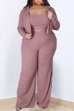 Pink Casual Solid Patchwork Hooded Collar Plus Size Three Piece Set