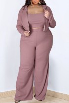 Deep Pink Casual Solid Patchwork Hooded Collar Plus Size Three Piece Set