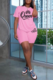 Pink Casual Letter Print Basic O Neck Short Sleeve Two Pieces