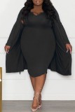 Black Casual Solid Basic V Neck Plus Size Two Pieces