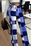 Blue Casual Print Patchwork Regular High Waist Conventional Full Print Trousers