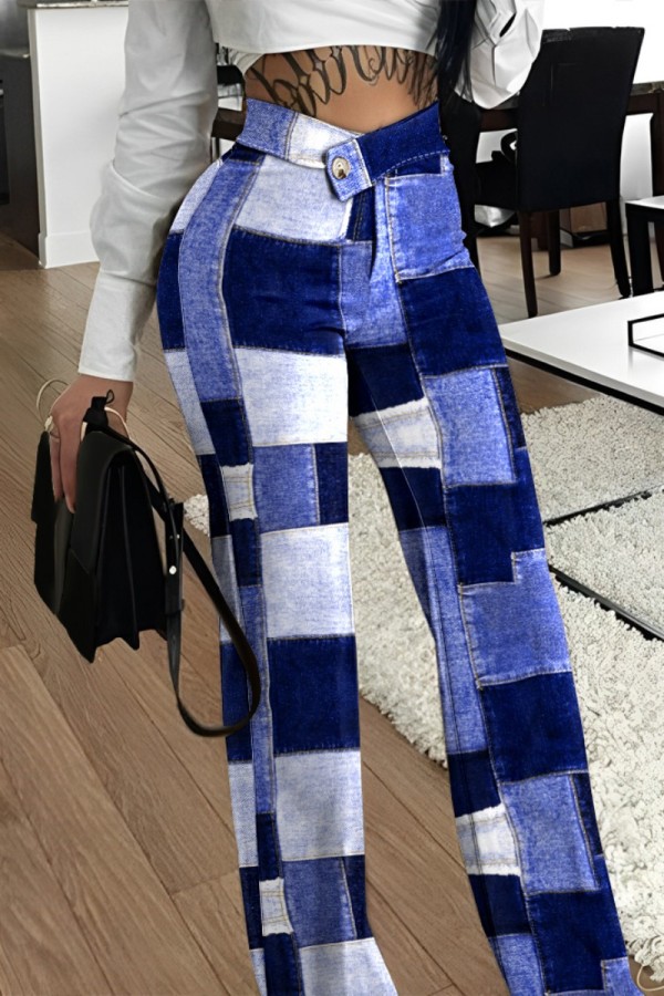 Blue Casual Print Patchwork Regular High Waist Conventional Full Print Trousers