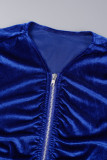 Blue Casual Solid Fold Zipper Collar Long Sleeve Two Pieces